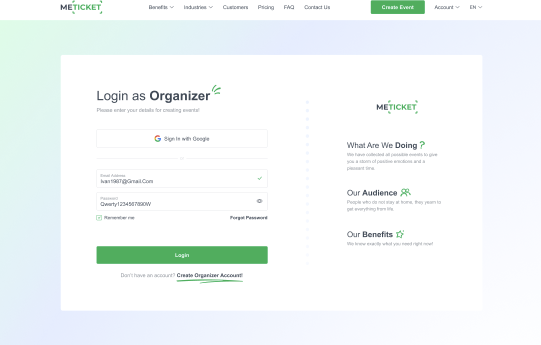 การเข้าสู่ระบบในฐานะผู้จัดงาน